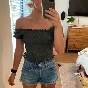 dark green off the shoulder lacey crop top